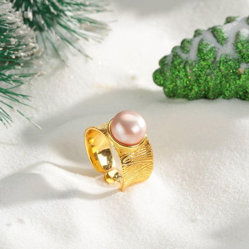 Chic Pink Pearl Wide Gold Open Ring - 18K Gold Vermeil